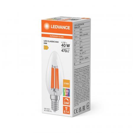Ledvance E14 LED Kerzenlampe Classic dimmbar klar 4,2W wie 40W 2700K warmweißes Licht hohe Farbwiedergabe CRI97